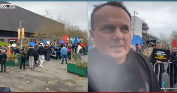 Pjerin Ndreu përplaset me protestuesit në Londër. Ndërhyn policia për ta larguar
